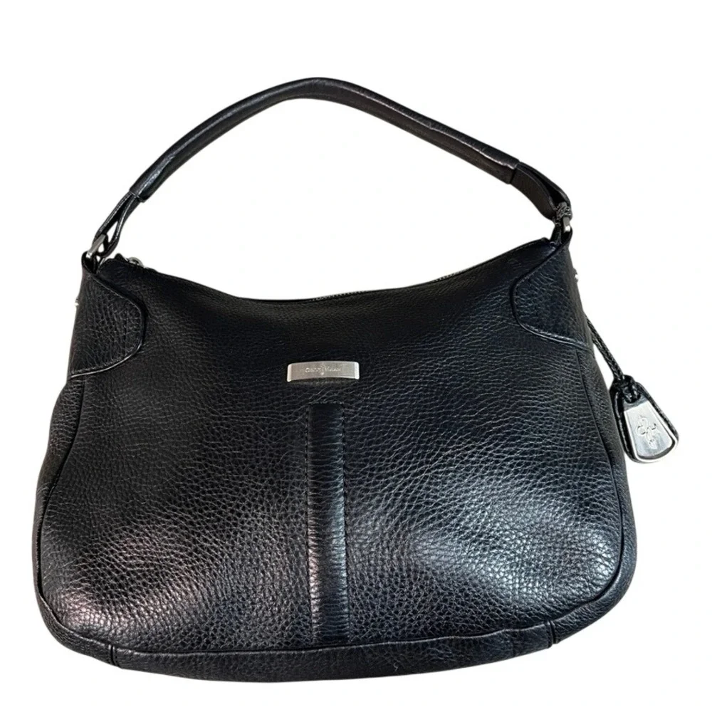 Cole Haan Black Pebbled Leather Hobo Shoulder Bag Silver Hardware Logo Tag